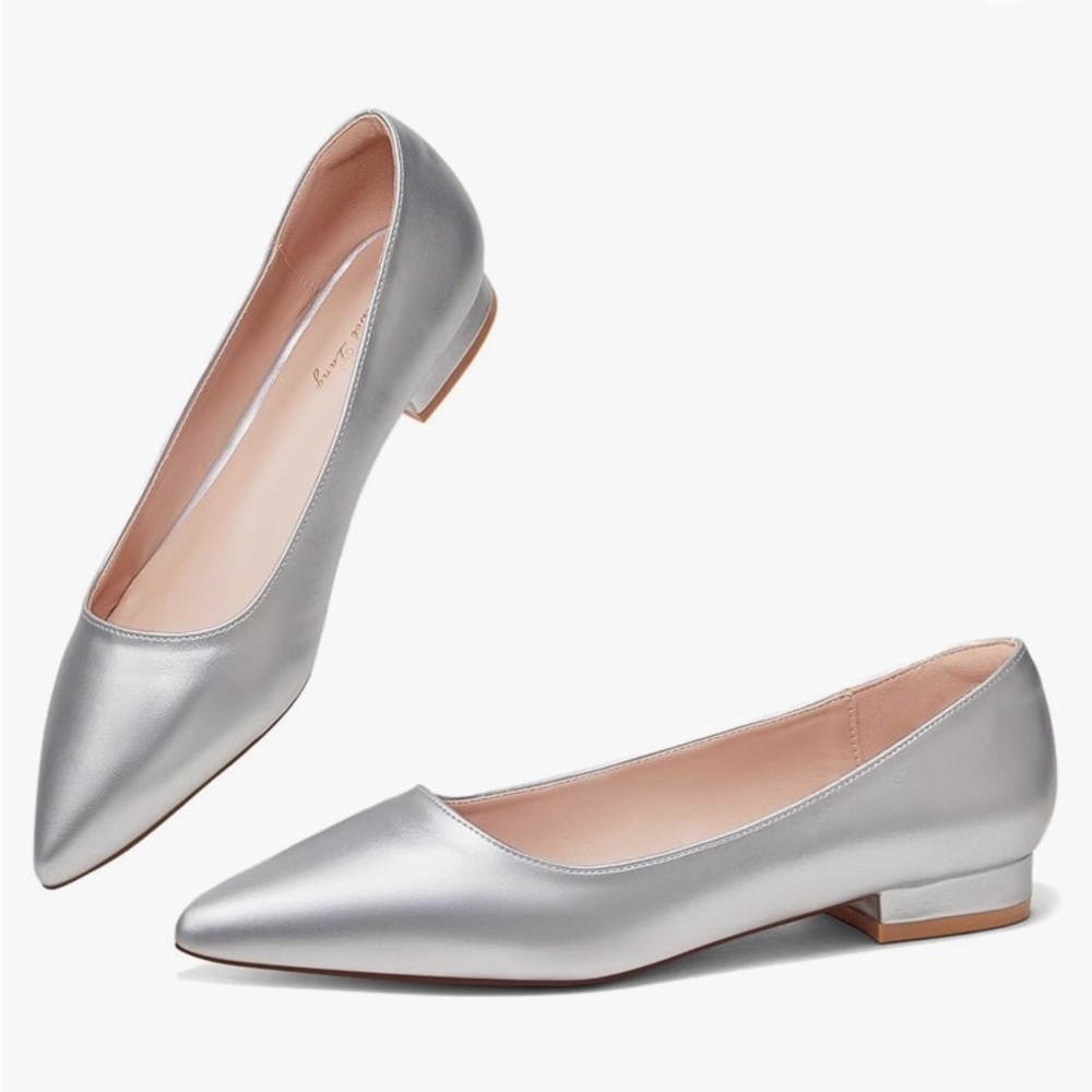Elisabeth Tang pointed toe silver classic flat formal low heel loafers shoes